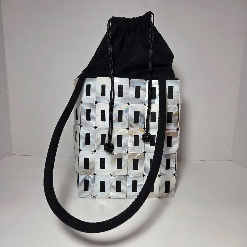 Vtg Mother of Pearl Shell Tile Mosaic Handbag Black White Purse Boho Mermaidcore